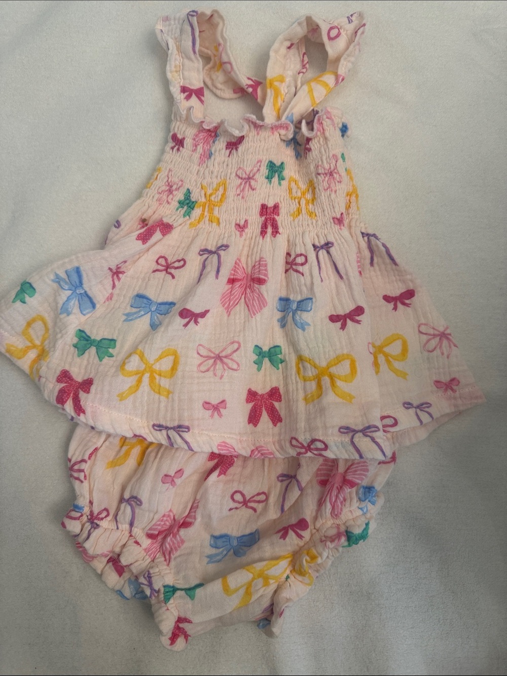 Angel Dear Cream Bow Print Tank Dress & Bloomers Set with Multicolor Bows
